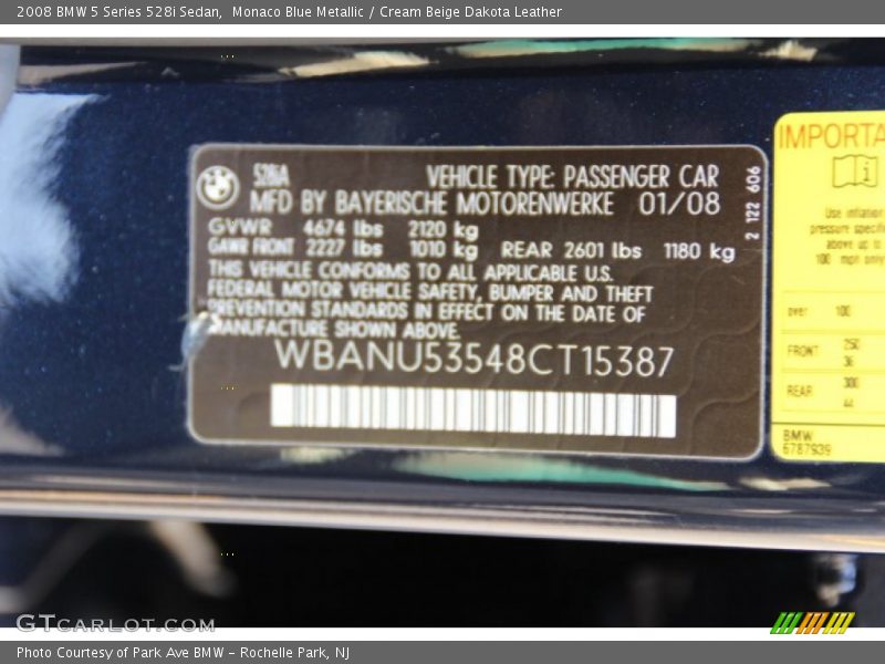 Monaco Blue Metallic / Cream Beige Dakota Leather 2008 BMW 5 Series 528i Sedan