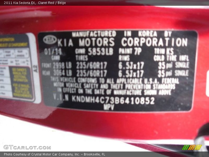 Claret Red / Beige 2011 Kia Sedona EX