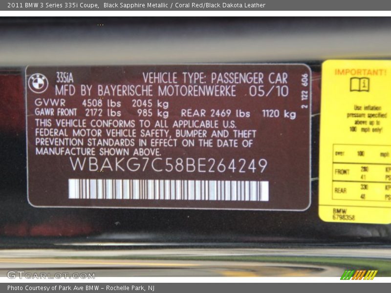 Black Sapphire Metallic / Coral Red/Black Dakota Leather 2011 BMW 3 Series 335i Coupe
