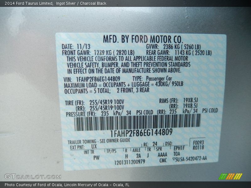 Ingot Silver / Charcoal Black 2014 Ford Taurus Limited