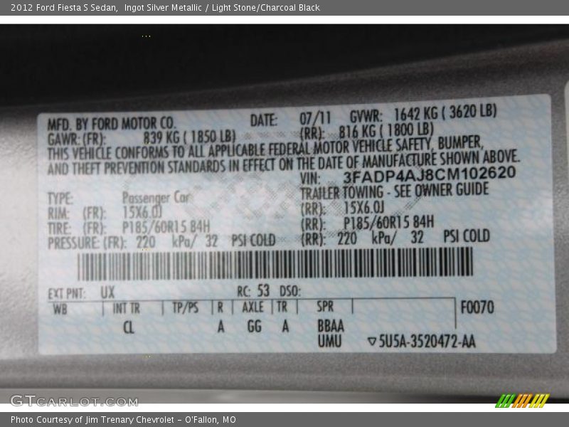 Ingot Silver Metallic / Light Stone/Charcoal Black 2012 Ford Fiesta S Sedan
