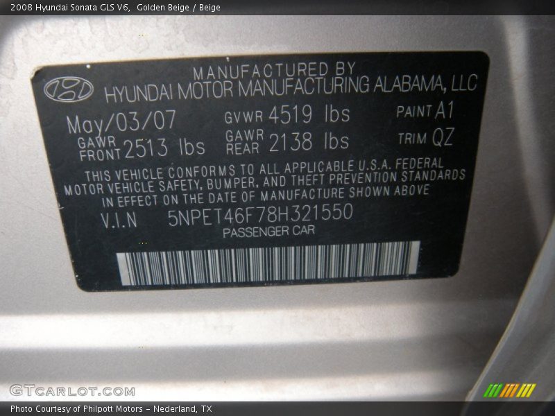 Golden Beige / Beige 2008 Hyundai Sonata GLS V6