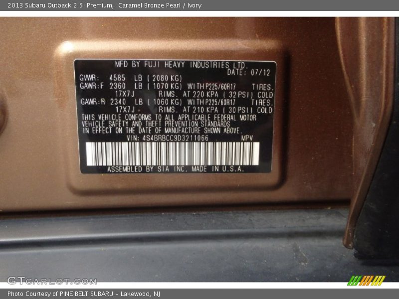 Caramel Bronze Pearl / Ivory 2013 Subaru Outback 2.5i Premium