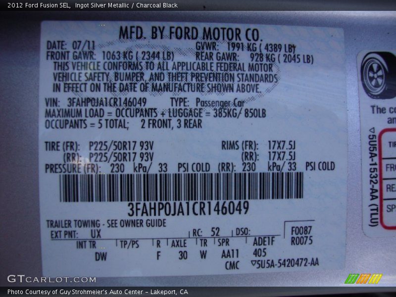 Ingot Silver Metallic / Charcoal Black 2012 Ford Fusion SEL