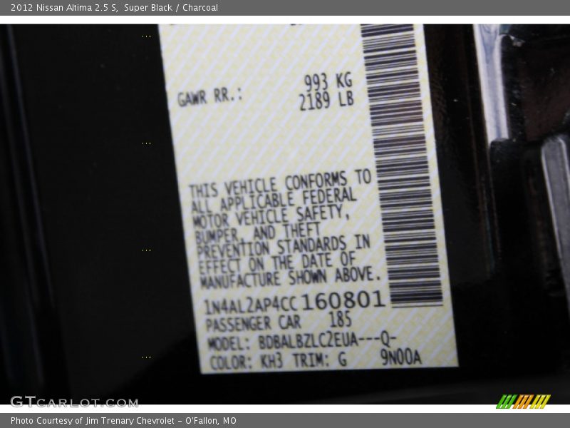 Super Black / Charcoal 2012 Nissan Altima 2.5 S