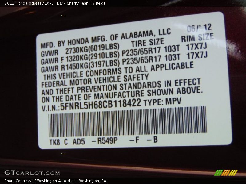 Dark Cherry Pearl II / Beige 2012 Honda Odyssey EX-L
