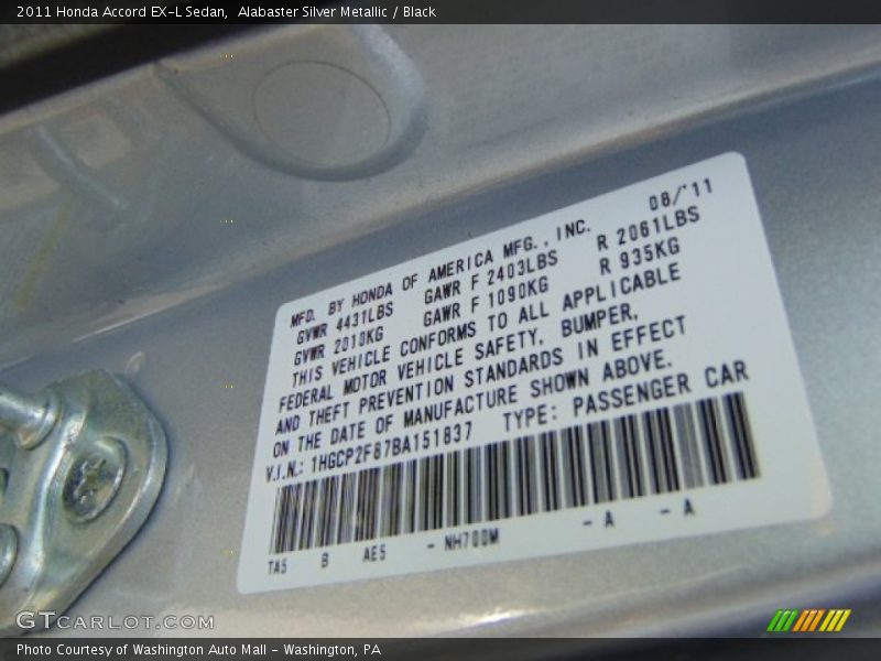 Alabaster Silver Metallic / Black 2011 Honda Accord EX-L Sedan