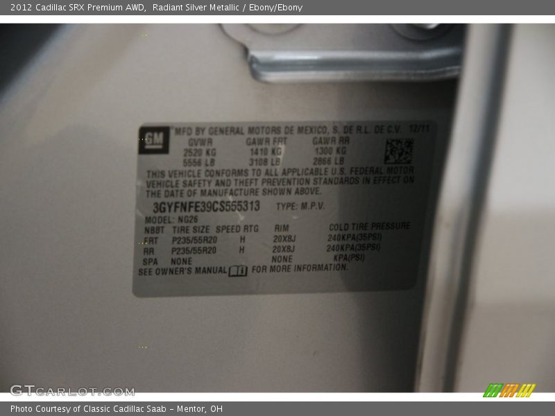 Radiant Silver Metallic / Ebony/Ebony 2012 Cadillac SRX Premium AWD