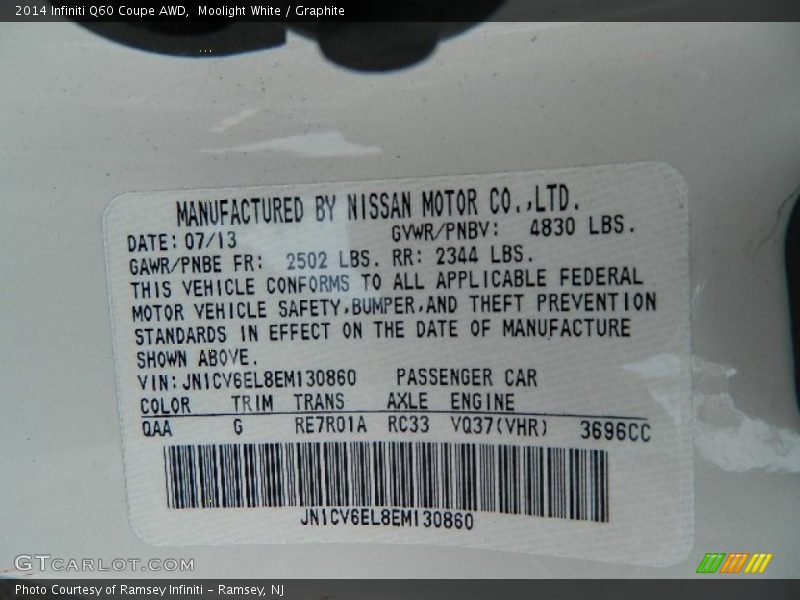 2014 Q60 Coupe AWD Moolight White Color Code QAA