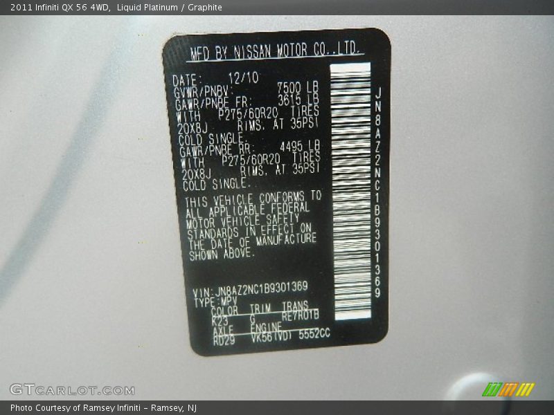 Liquid Platinum / Graphite 2011 Infiniti QX 56 4WD