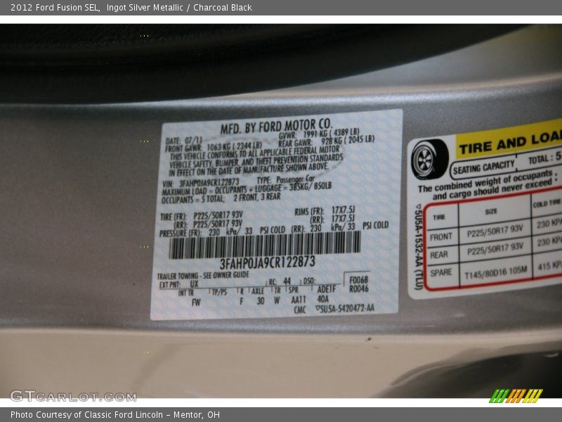 Ingot Silver Metallic / Charcoal Black 2012 Ford Fusion SEL