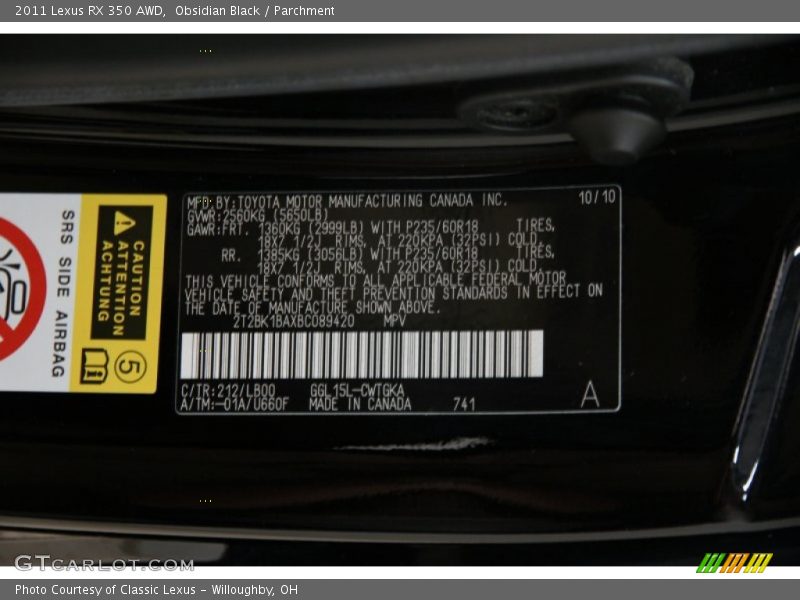 Obsidian Black / Parchment 2011 Lexus RX 350 AWD
