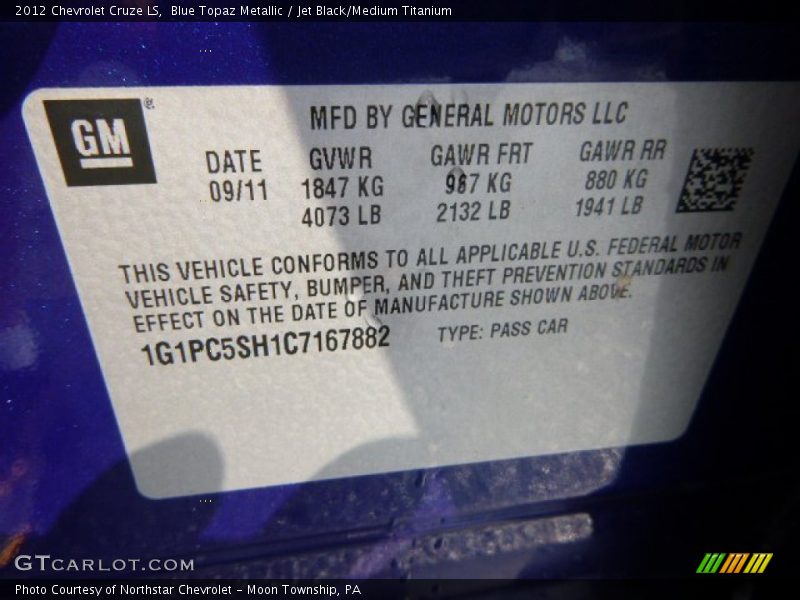 Blue Topaz Metallic / Jet Black/Medium Titanium 2012 Chevrolet Cruze LS