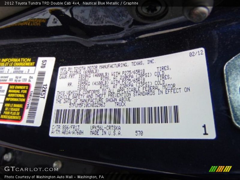 Nautical Blue Metallic / Graphite 2012 Toyota Tundra TRD Double Cab 4x4