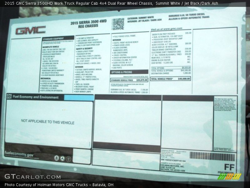  2015 Sierra 3500HD Work Truck Regular Cab 4x4 Dual Rear Wheel Chassis Window Sticker