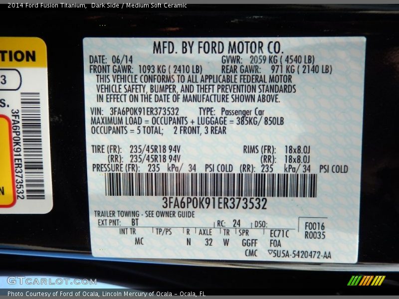 Dark Side / Medium Soft Ceramic 2014 Ford Fusion Titanium
