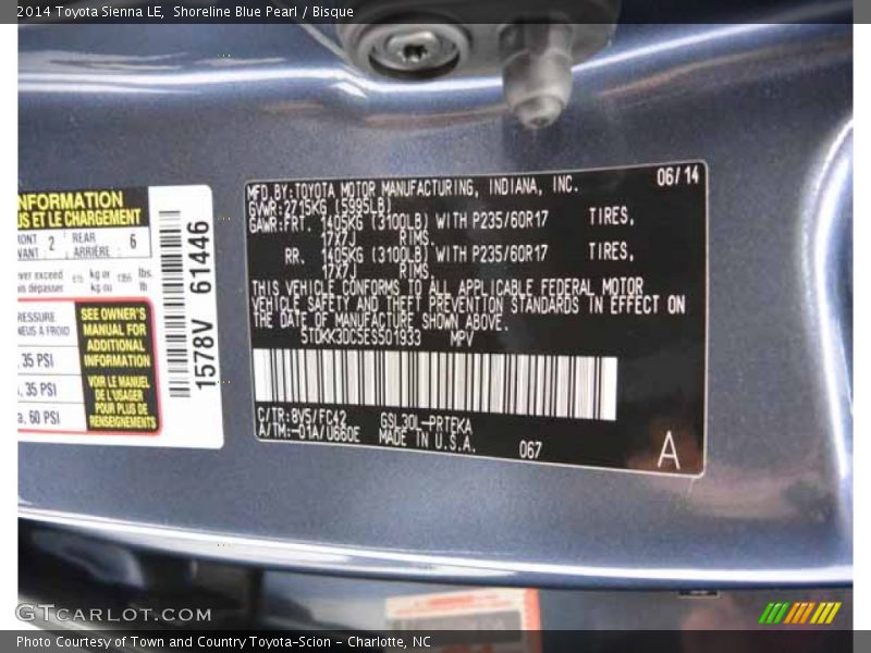 Shoreline Blue Pearl / Bisque 2014 Toyota Sienna LE