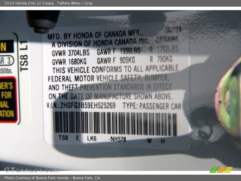 Taffeta White / Gray 2014 Honda Civic LX Coupe