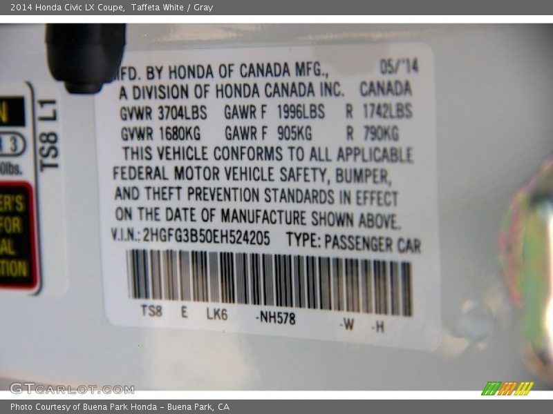 Taffeta White / Gray 2014 Honda Civic LX Coupe