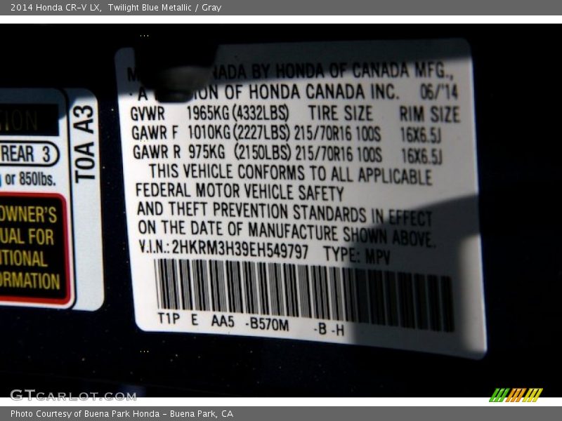 Twilight Blue Metallic / Gray 2014 Honda CR-V LX