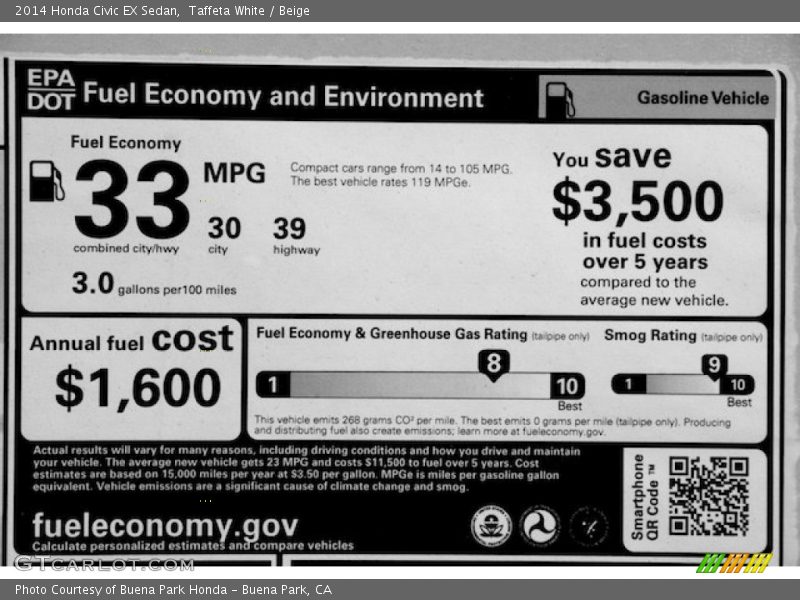 Taffeta White / Beige 2014 Honda Civic EX Sedan