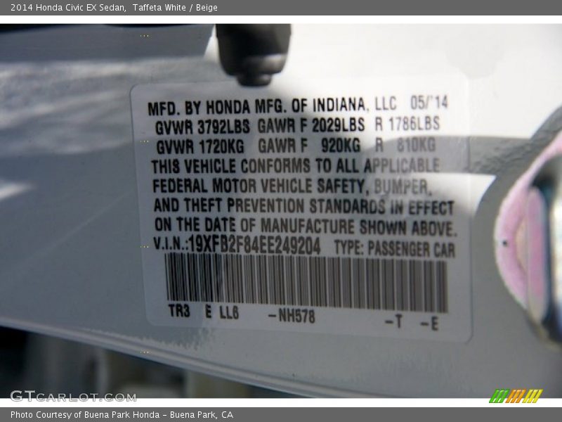 Taffeta White / Beige 2014 Honda Civic EX Sedan
