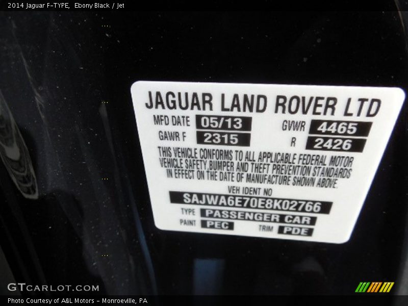 2014 F-TYPE  Ebony Black Color Code PEC