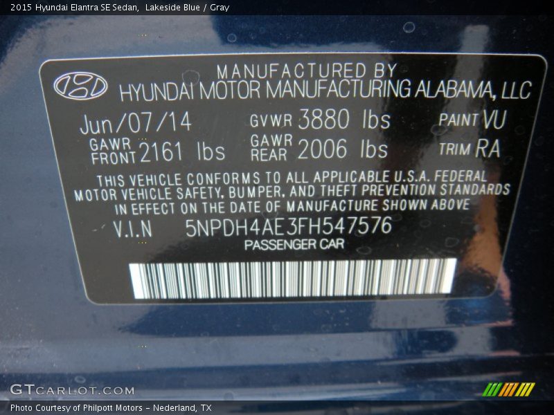 2015 Elantra SE Sedan Lakeside Blue Color Code VU