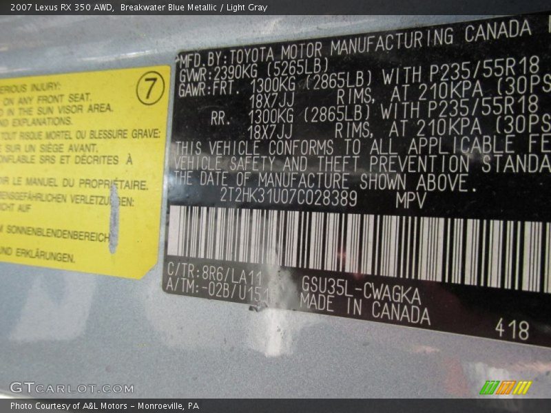 Breakwater Blue Metallic / Light Gray 2007 Lexus RX 350 AWD