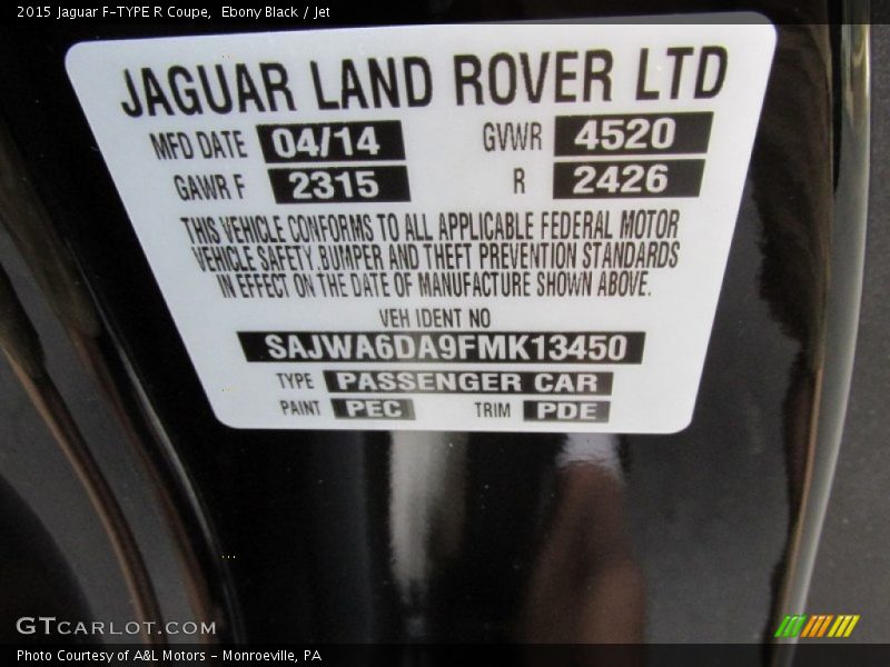 2015 F-TYPE R Coupe Ebony Black Color Code PEC