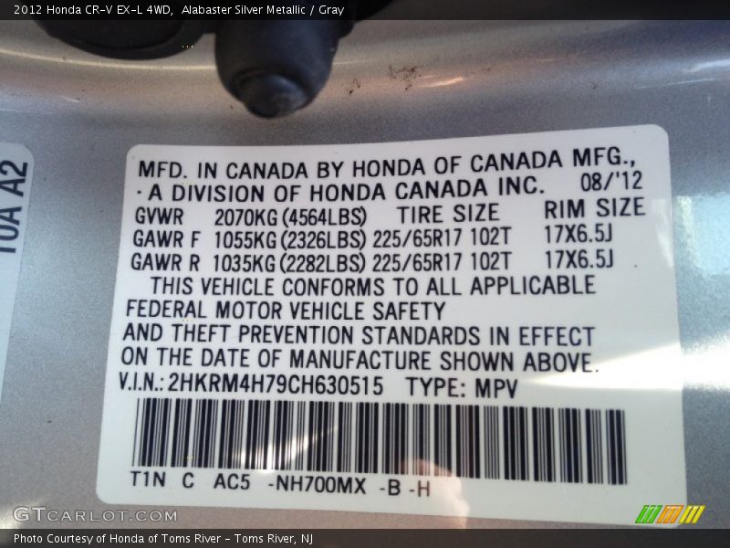 Alabaster Silver Metallic / Gray 2012 Honda CR-V EX-L 4WD