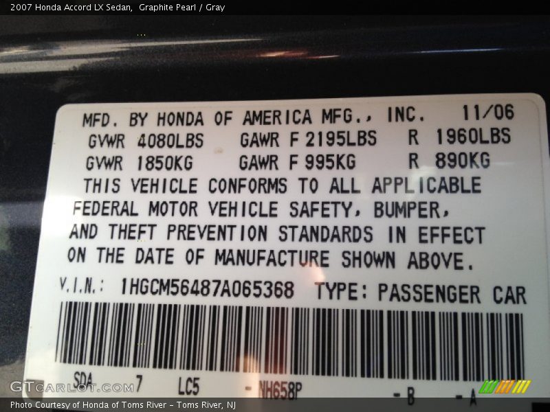 Graphite Pearl / Gray 2007 Honda Accord LX Sedan