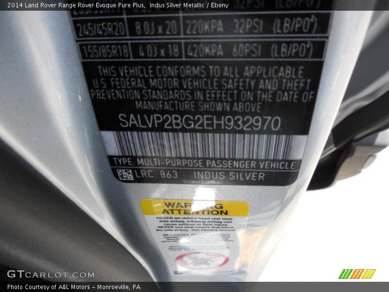 Indus Silver Metallic / Ebony 2014 Land Rover Range Rover Evoque Pure Plus