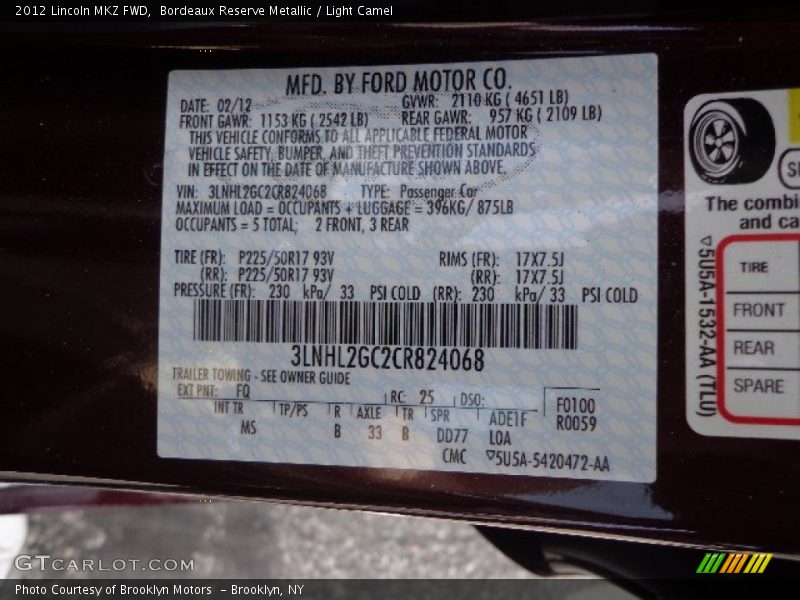 Bordeaux Reserve Metallic / Light Camel 2012 Lincoln MKZ FWD