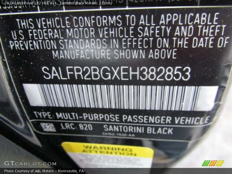 2014 LR2 HSE 4x4 Santorini Black Metallic Color Code 820