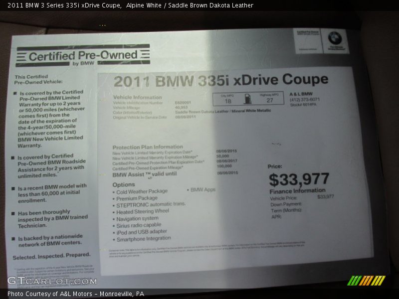 Alpine White / Saddle Brown Dakota Leather 2011 BMW 3 Series 335i xDrive Coupe
