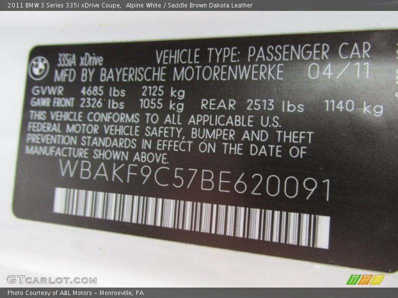 Alpine White / Saddle Brown Dakota Leather 2011 BMW 3 Series 335i xDrive Coupe