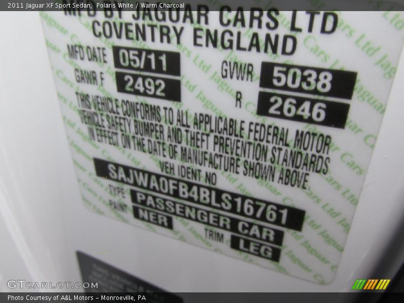Polaris White / Warm Charcoal 2011 Jaguar XF Sport Sedan