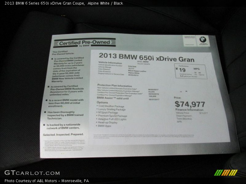  2013 6 Series 650i xDrive Gran Coupe Window Sticker