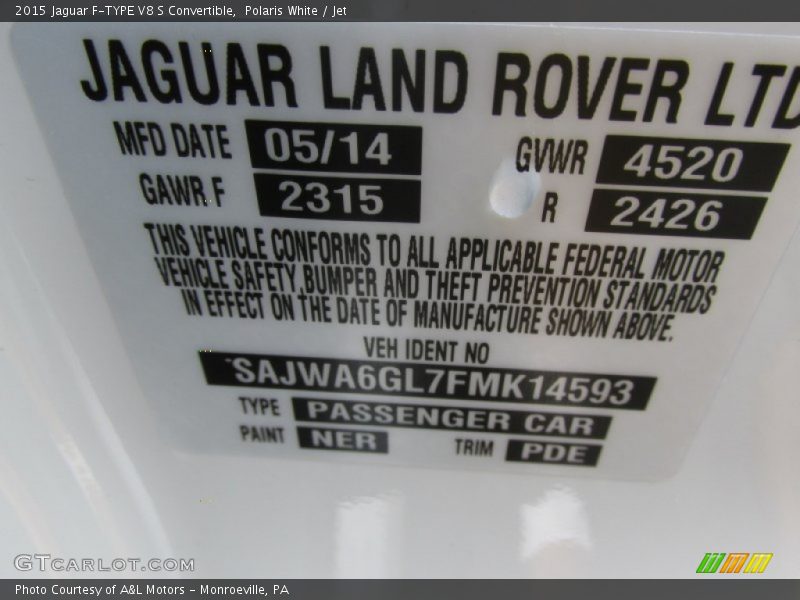 2015 F-TYPE V8 S Convertible Polaris White Color Code NER