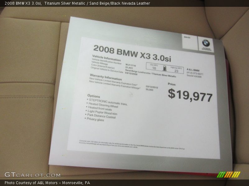 Titanium Silver Metallic / Sand Beige/Black Nevada Leather 2008 BMW X3 3.0si