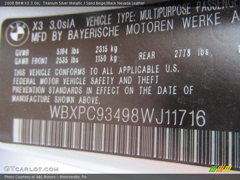 Titanium Silver Metallic / Sand Beige/Black Nevada Leather 2008 BMW X3 3.0si