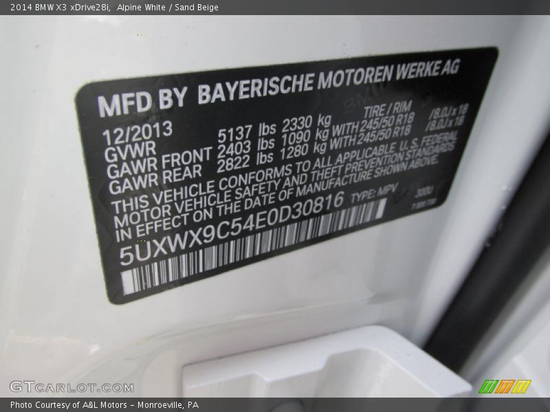 Alpine White / Sand Beige 2014 BMW X3 xDrive28i