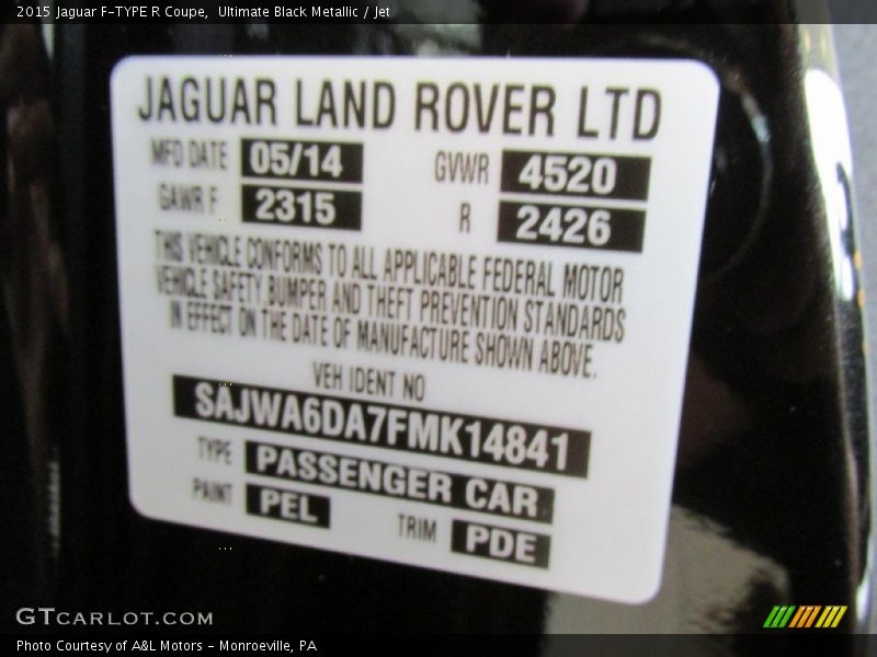 2015 F-TYPE R Coupe Ultimate Black Metallic Color Code PEL