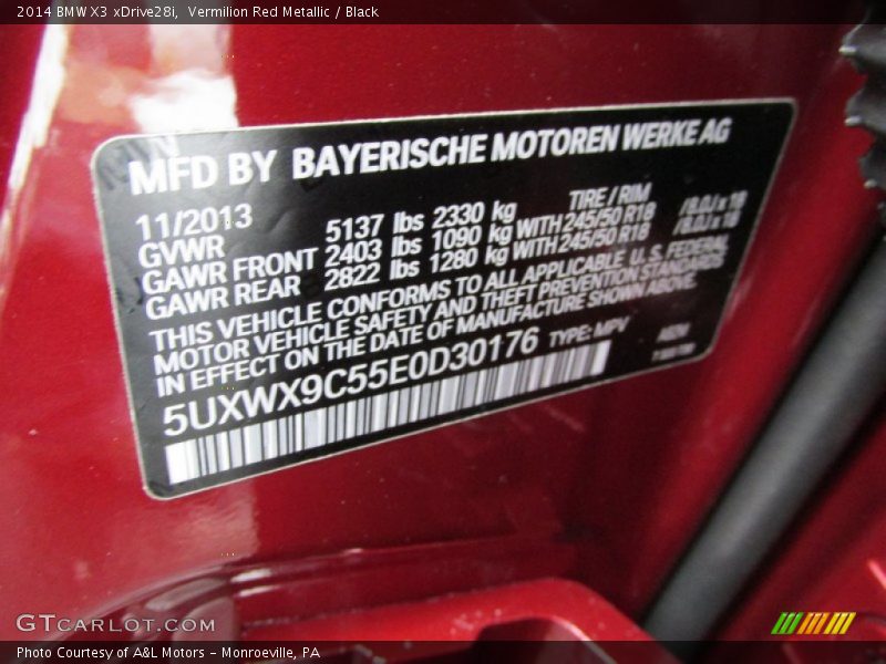 Vermilion Red Metallic / Black 2014 BMW X3 xDrive28i