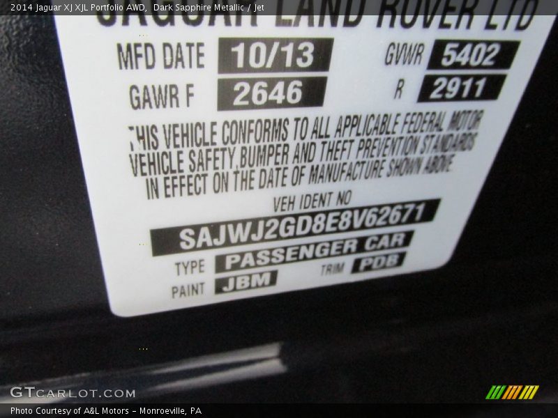 2014 XJ XJL Portfolio AWD Dark Sapphire Metallic Color Code JBM