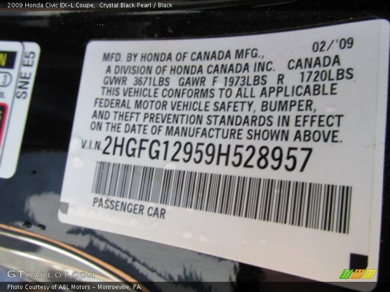 Crystal Black Pearl / Black 2009 Honda Civic EX-L Coupe