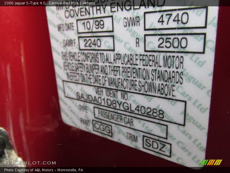 2000 S-Type 4.0 Carnival Red Mica Color Code CGG