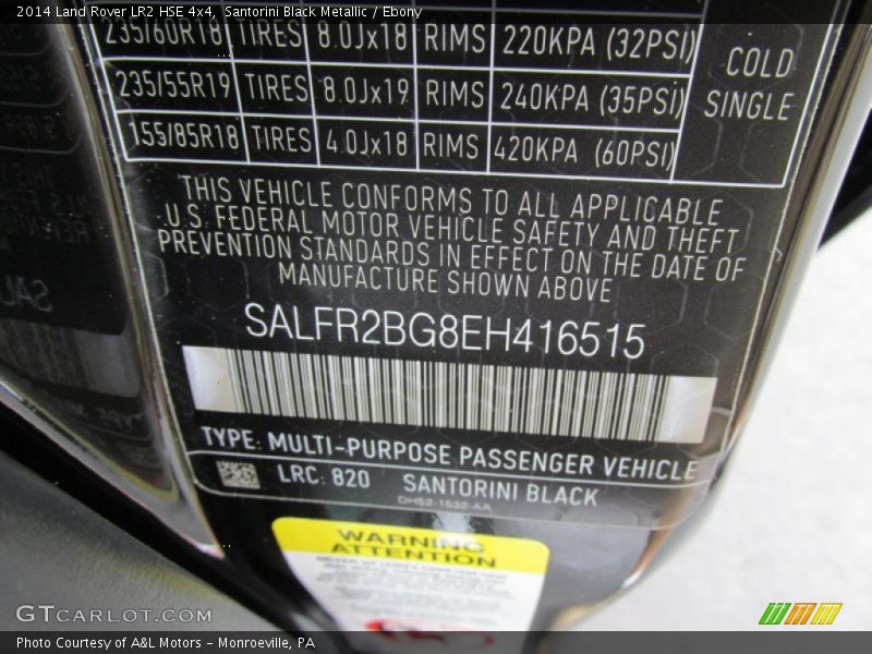 2014 LR2 HSE 4x4 Santorini Black Metallic Color Code 820