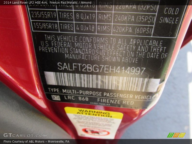 2014 LR2 HSE 4x4 Firenze Red Metallic Color Code 868